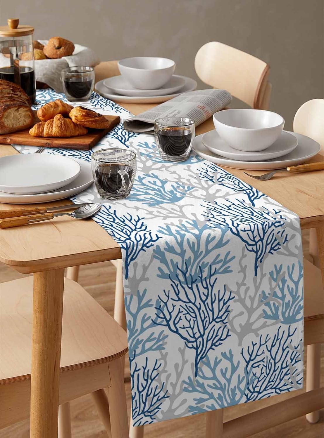 Navy Blue Coral Coastal Cotton Linen Rectangle Table Runners 13"x90", Summer Beach Seaside Nautical Coffee Table Runner Dresser Scarves Luxury Table Runners for Wedding Party Banquet Dinner Decor