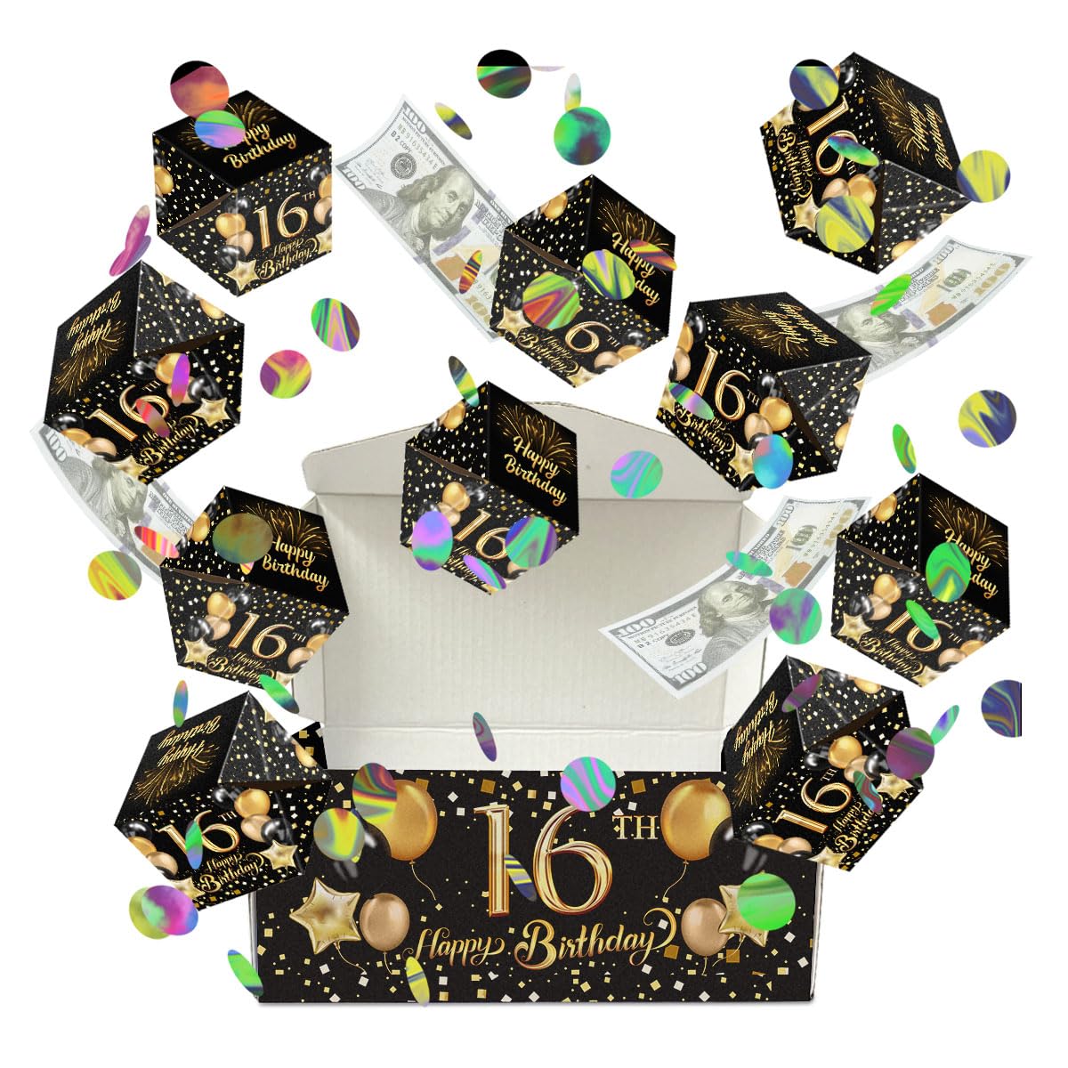 Hatzelou Happy 16th Birthday Money Box for Cash Gift, Black Gold Surprise Gift Box Explosion, Birthday Money Gift Box for Cash Explosion, 10Pcs Pop Out Folding Bounce Gift Box for Birthday Party