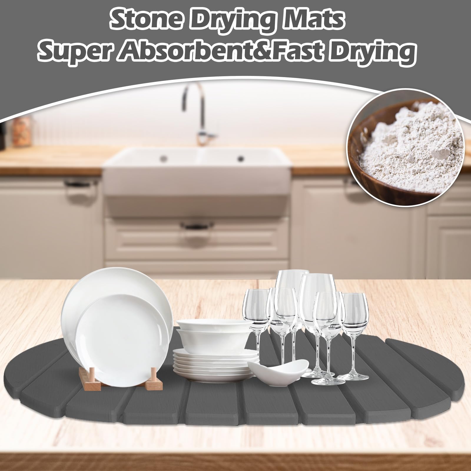Stone Drying Mats, Large Rounded Corner Diatomaceous Earth Quick Drying Mat,Foldable Stone Absorbent Mat for Kitchen Countertops,Match Any Countertop (Gray, Large)