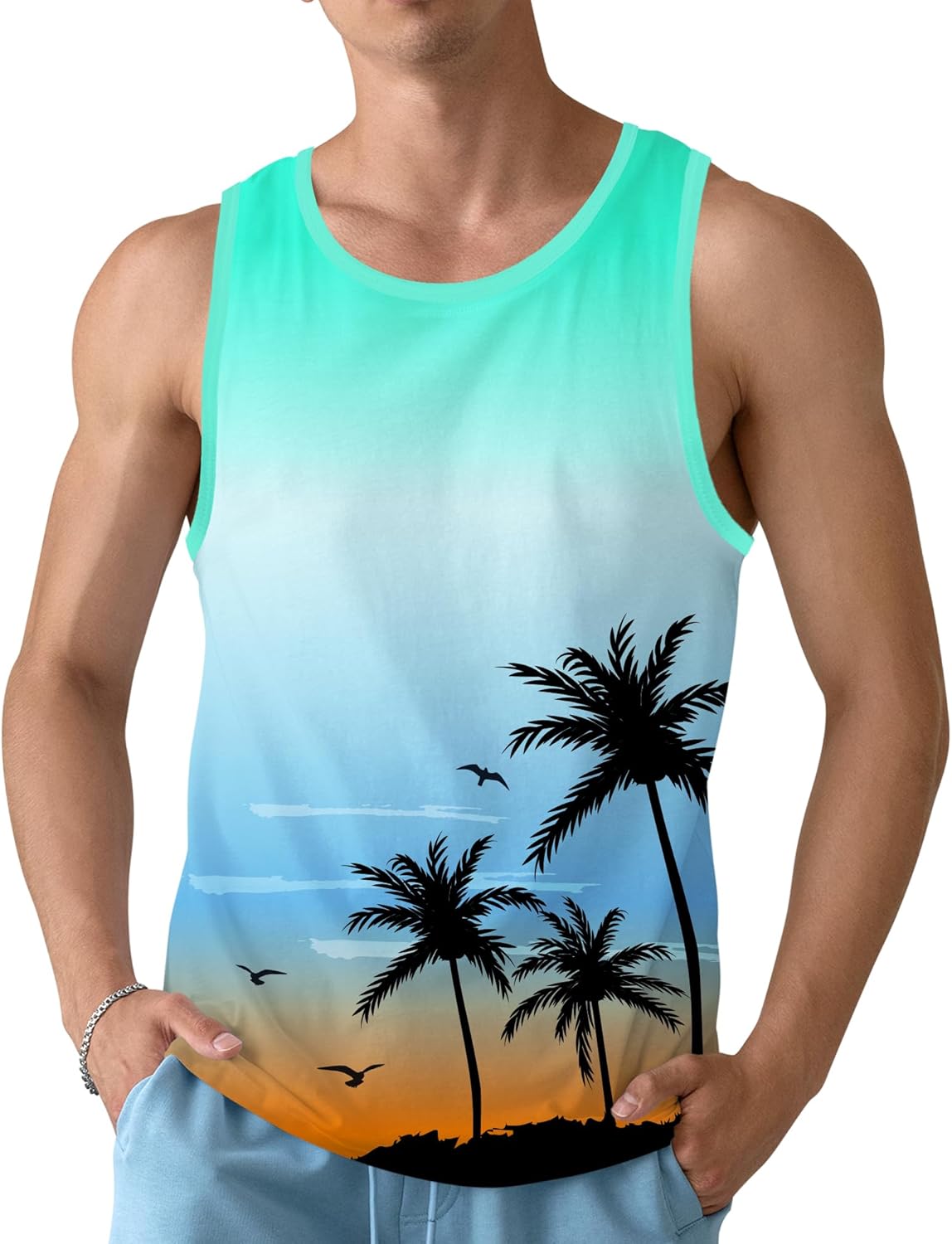 Mens Beach Tank Tops Sleeveless Shirts for Men Summer American Flag Print Graphic Mens Workout Gym Shirts Palm Tree Tops