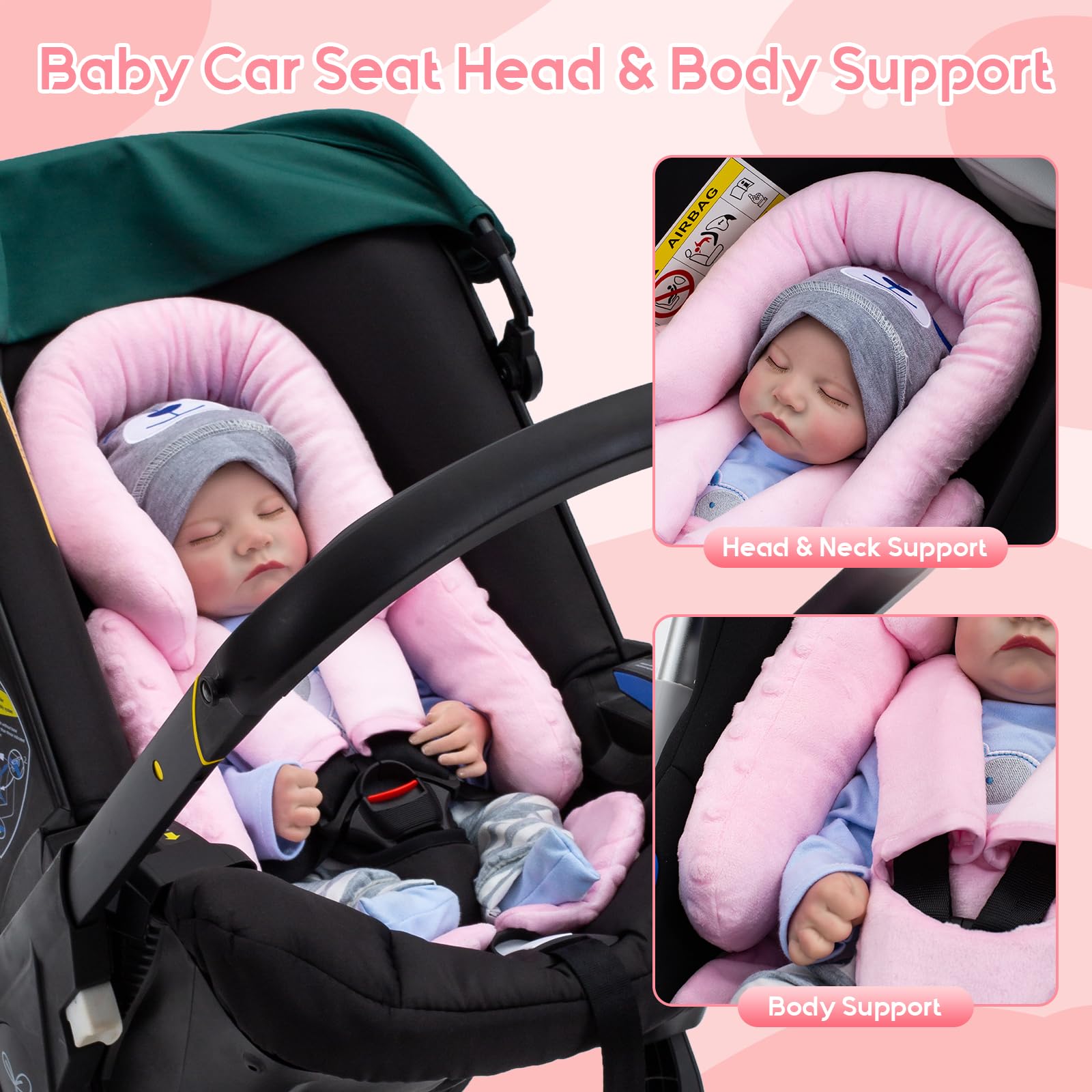 Inserto de asiento de automóvil para bebé con 3 fundas de correa adicionales, soporte grueso para la cabeza y el cuerpo para bebés, cojín reversible para asiento de coche para niños y niñas, inserto