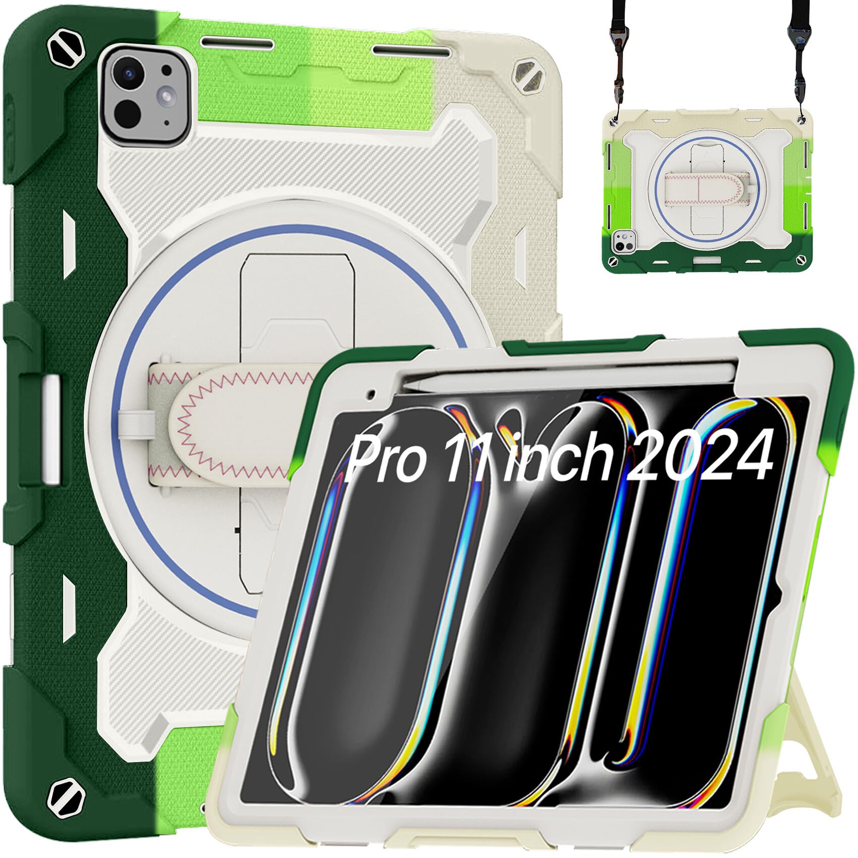 Robustrion for iPad Pro 11 inch M4 Cover Case with [Pencil Holder] Armor Shockproof Case with [Shoulder Strap] and [360 Degree Rotating Hand Strap] for iPad Pro 11 inch M4 2024 - Rainbow Green (B0D981BDMX) Amazon Price History, Amazon Price Tracker