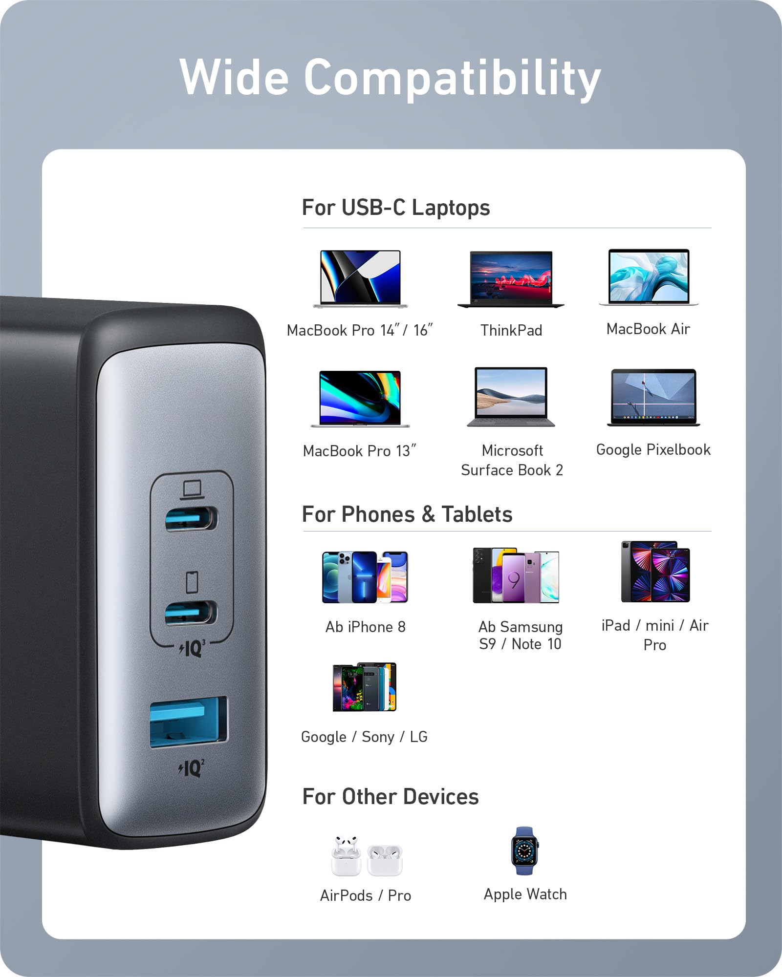 Anker Cargador USB C Carga Rapida 100W 736 (Nano II), Cargador Compacto con 3 Puertos, Ideal para MacBook Pro/Air, Google Pixelbook, DELL XPS, iPad Pro, Galaxy S22/S20, iPhone 17/16/15/14 Pro,y más.