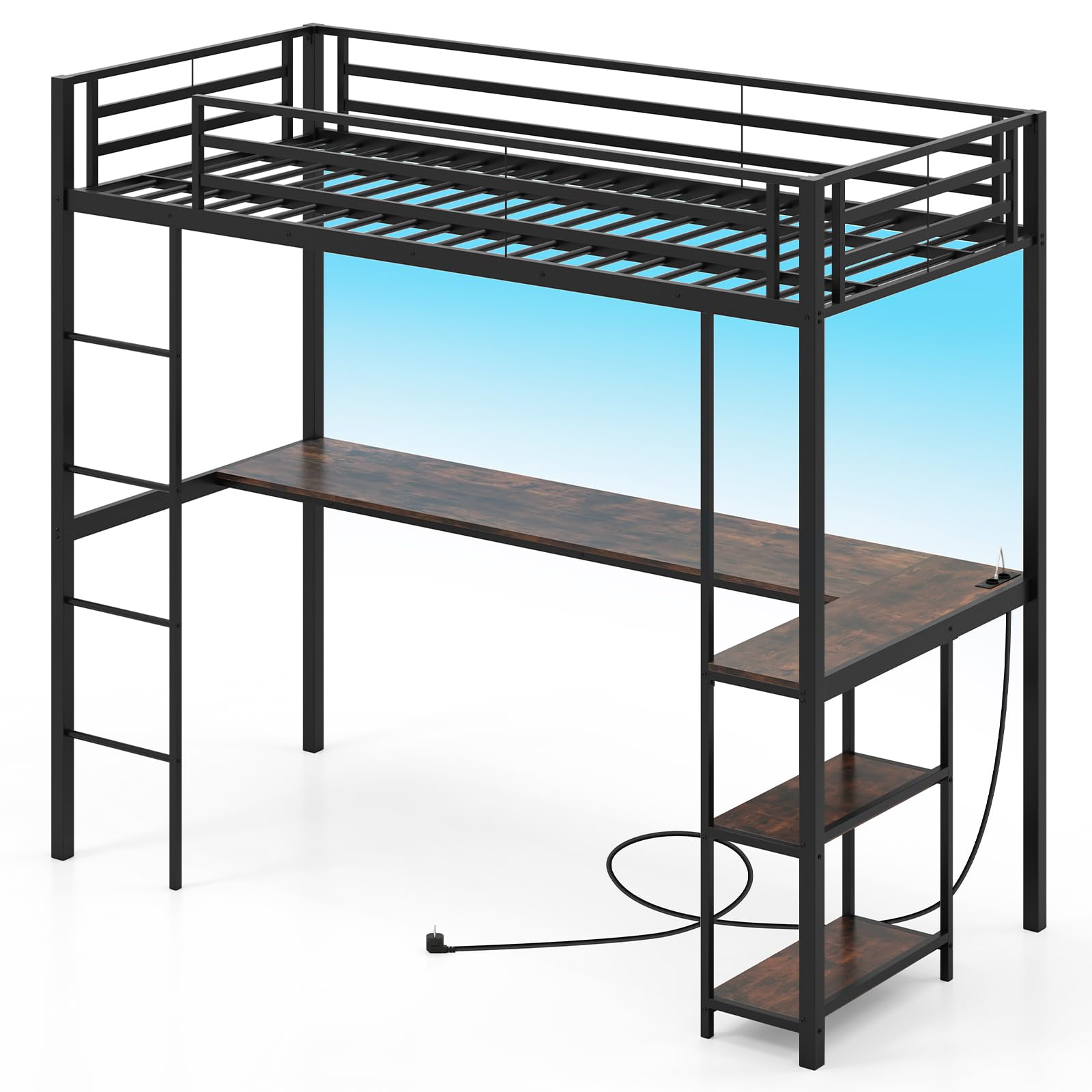 LIFEZEAL Lit Mezzanine 90x200 cm avec Bureau & 3 Etagères, Station de Recharge, Lumières LED, Lit Superposé 1 Place en Métal avec Barrière, pour Enfant, Adolescent, Charge 180 kg (Noir)