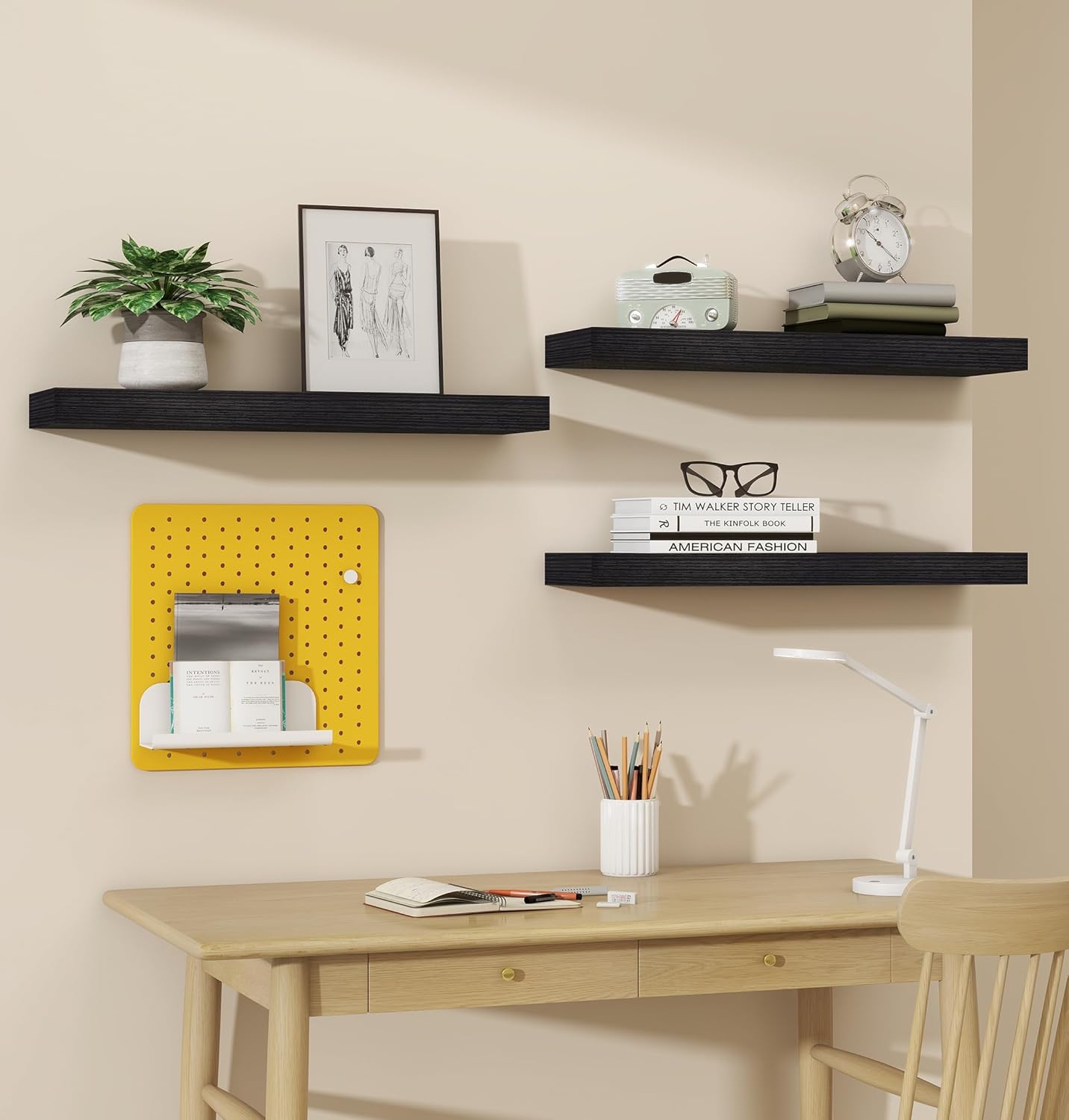 Vervida Black Floating Shelves for Wall, 24" Rustic Wood Deep Wall Mounted Shelves with Invisible Brackets for Wall Decor & Storage, Floating Shelf for Living Room, Bathroom (Set of 3)