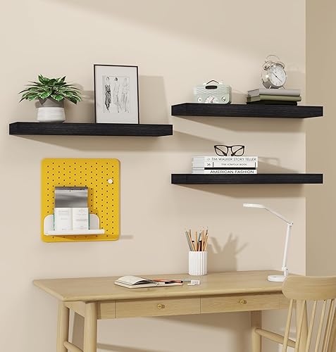 Miniatura 4 de Vervida Estantes Flotantes Negros para Pared, Estantes Profundos de Madera Rústica de 24" Montados en Pared con Soportes Invisibles para Decoración