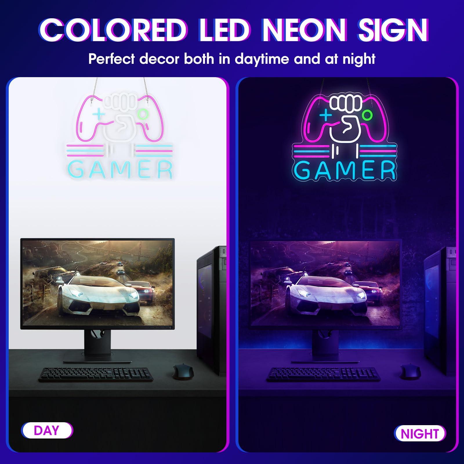 Gamer Neon Schild, hell und dimmbar, großes buntes Neonlicht für Gaming-Video-Zimmer, Schlafzimmer, Wanddekoration, USB-betriebene LED-Spielzimmer-Nachtlichter, cooles Geschenk für Jungen, Teenager,