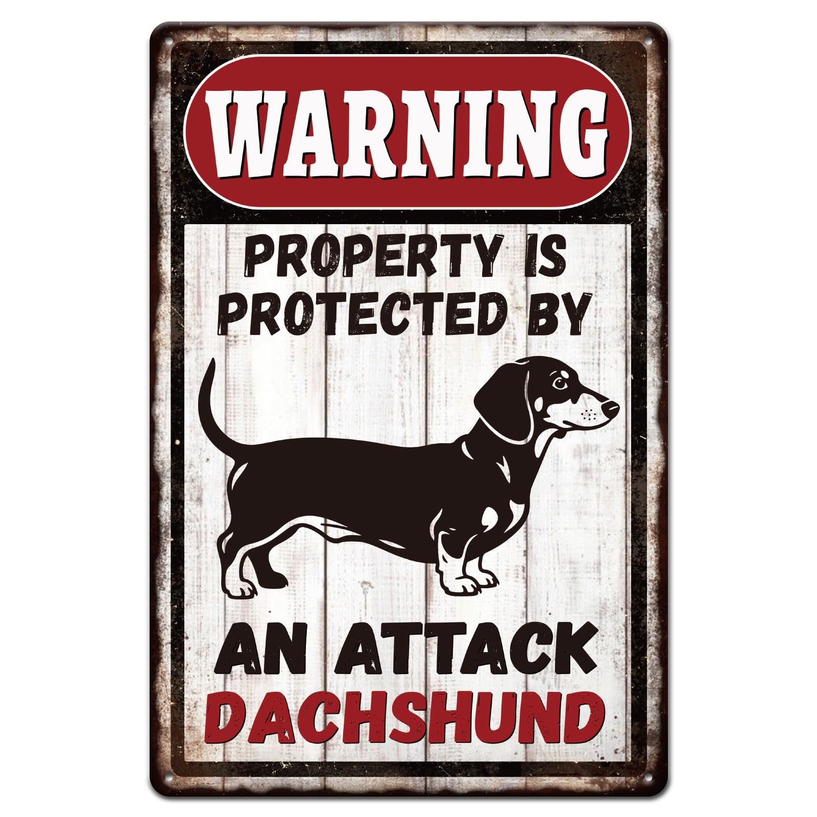 GLOBLELAND Vintage Dachshund Warning Metal Tin Sign 12x8inch Black Dog Attack Tin Signage Decor Signs Retro Wall Metal Plaque for Office Home Garage Bar Cafes Garden Area Decoration