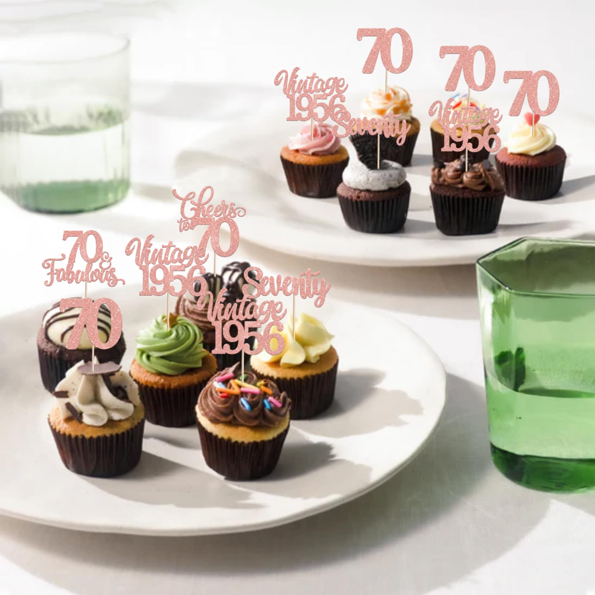 SYKYCTCY 30 Pack Happy 70th Birthday Cupcake Toppers Glitter Seventy Vintage 1956 Cupcake Picks Cheers to 70 Fabulous Hello 70 Cake Decorations for Birthday Wedding Anniversary Party Supplies - Image 6