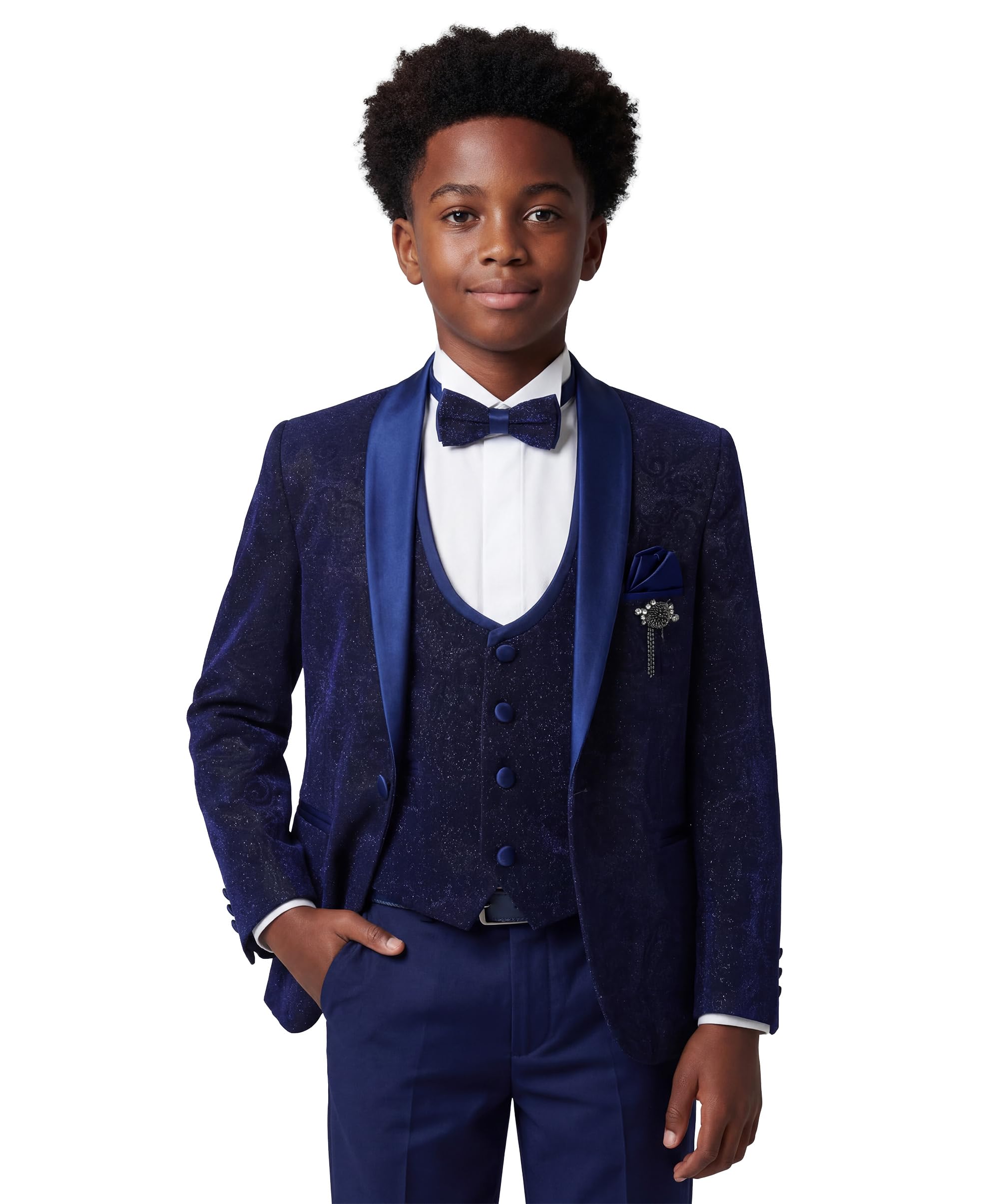 SIRRI Abito da Sposa Smoking luccicante da Paggio per Ragazzi in Set da 5 Pezzi Slim Fit Blu Navy per Occasioni Speciali