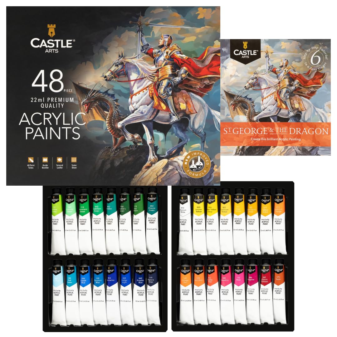 Castle Art Supplies 48 x 22ml Acrylic Paint Set | New Improved Formula | All-inclusive Set for Beginners, Adult Artists | Premium Quality Intense Colours | Smooth to Use (New Improved Formula)