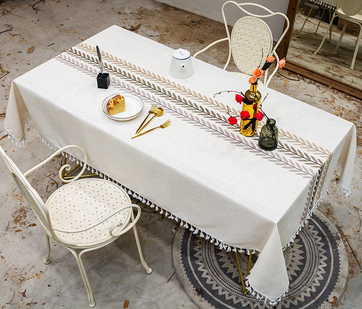 Tovaglia Antimacchia Impermeabile Tovaglie Rettangolari Tovaglia in Lino di Cotone con Frange Ricamo Tridimensionale per Decorazione Tavola da Pranzo Cucina