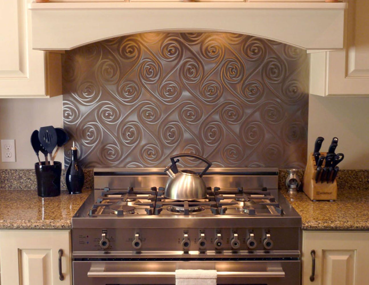 Twister Stainless Steel Kitchen Backsplash 24" x 30" - Beautiful, all stainless steel range backsplash with a engraved twister pattern. Available in 24"x30", 24"x36", 24"x48", and 30"x48" sizes