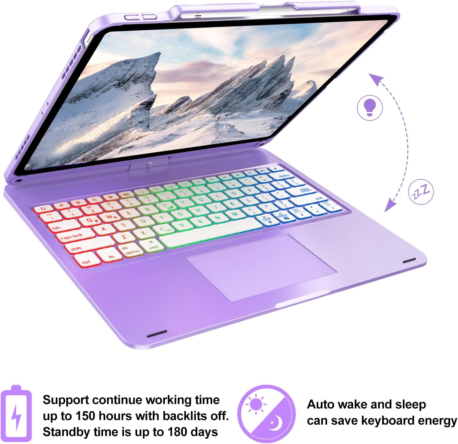 Touch iPad Pro 12.9 Case with Keyboard 6th/5th Generation, Magic 360° Rotatable & Swivel Bluetooth Keyboard with Trackpad, 7 Backlight Color with Pencil Holder for iPad Pro 12.9” 4th/3rd Gen, Purple