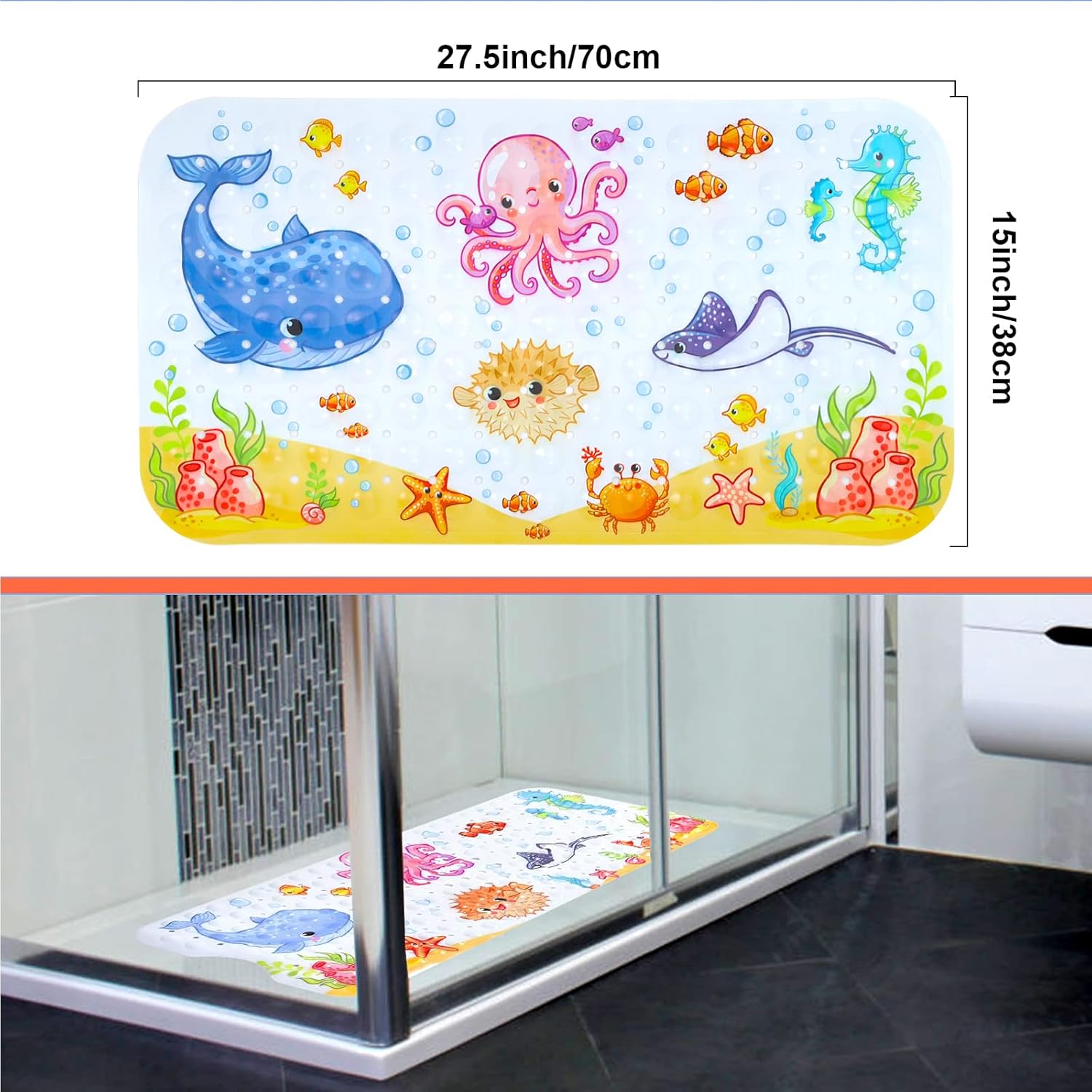 Bath Mat for Tub Non Slip, Machine Washable Anti-Slip Cartoon Baby Bathtub Shower Mat with Drain Holes and Suction Cups for Toddler & Kids, 27.5 Inch x 15 Inch-Rectangular, Pink Octopus - Image 5