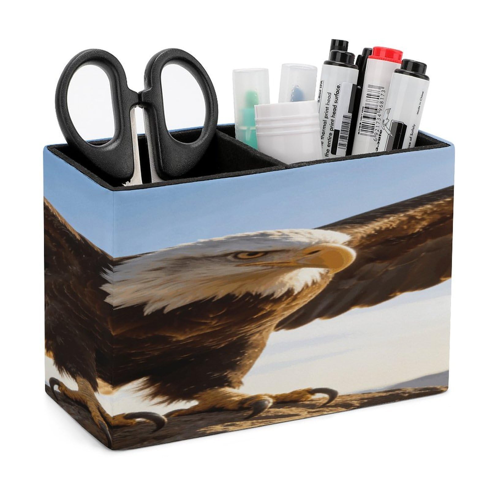 LZQPOEAS Fierce Eagle And National Flag Pen Holder Double Compartments Pen Cup Makeup Brush Holders Leather Pencil Holder Locker Organizer for Work Locker Accessories Modern Pencil Cup for Desk