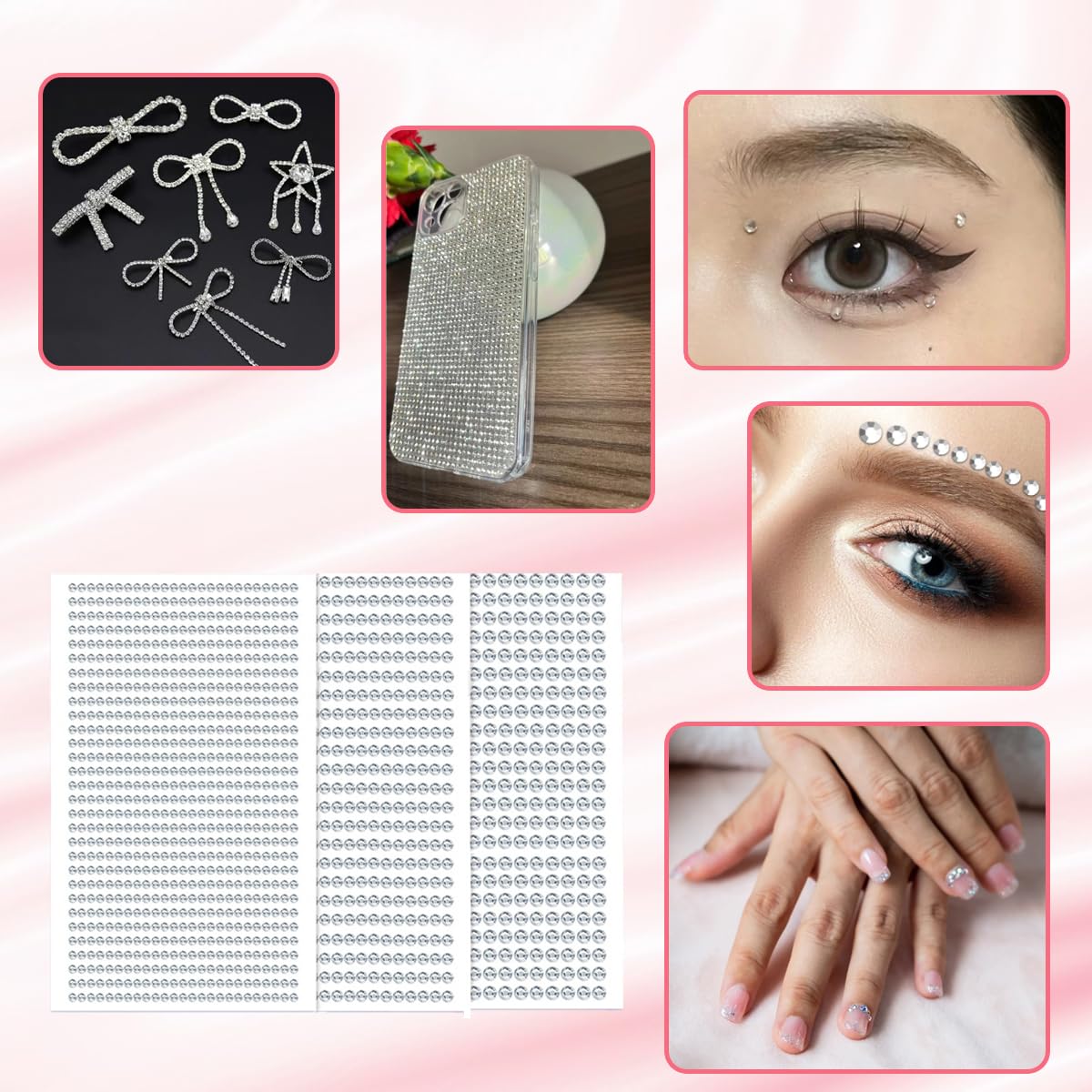 1532 Pièces Strass Autocollant Diamant, Autocollants Auto-Adhésifs, 3 Feuilles Strass Autocollants pour Décoration, pour DIY Visage Maquillage Décoration - 3mm 4mm 5mm