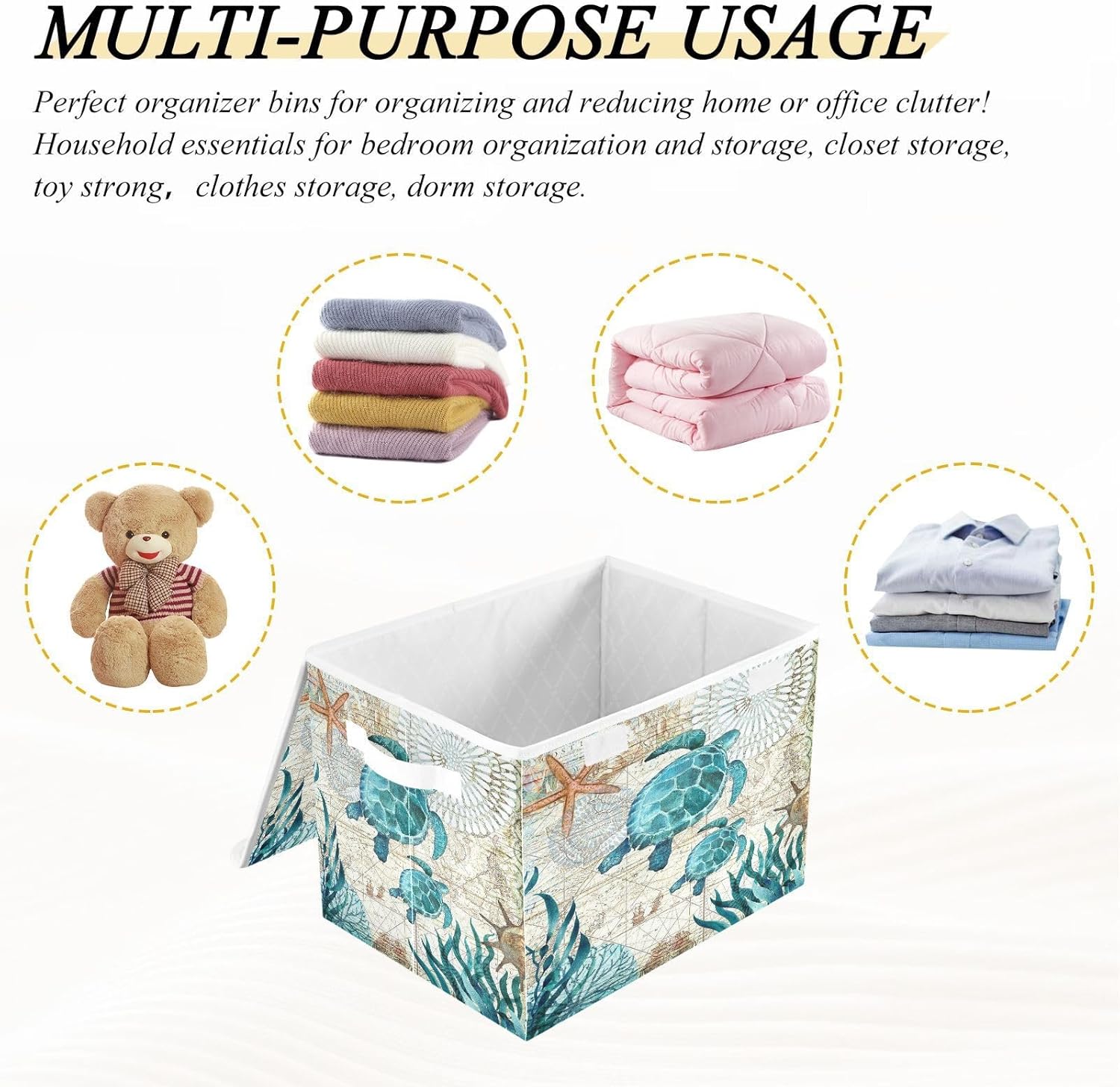 Large Collapsible Storage Bins with Lids, Vintage Ocean Sea Turtle Starfish Map Storage Baskets Organizer Containers with Handles for Nursery Clothes Toys
