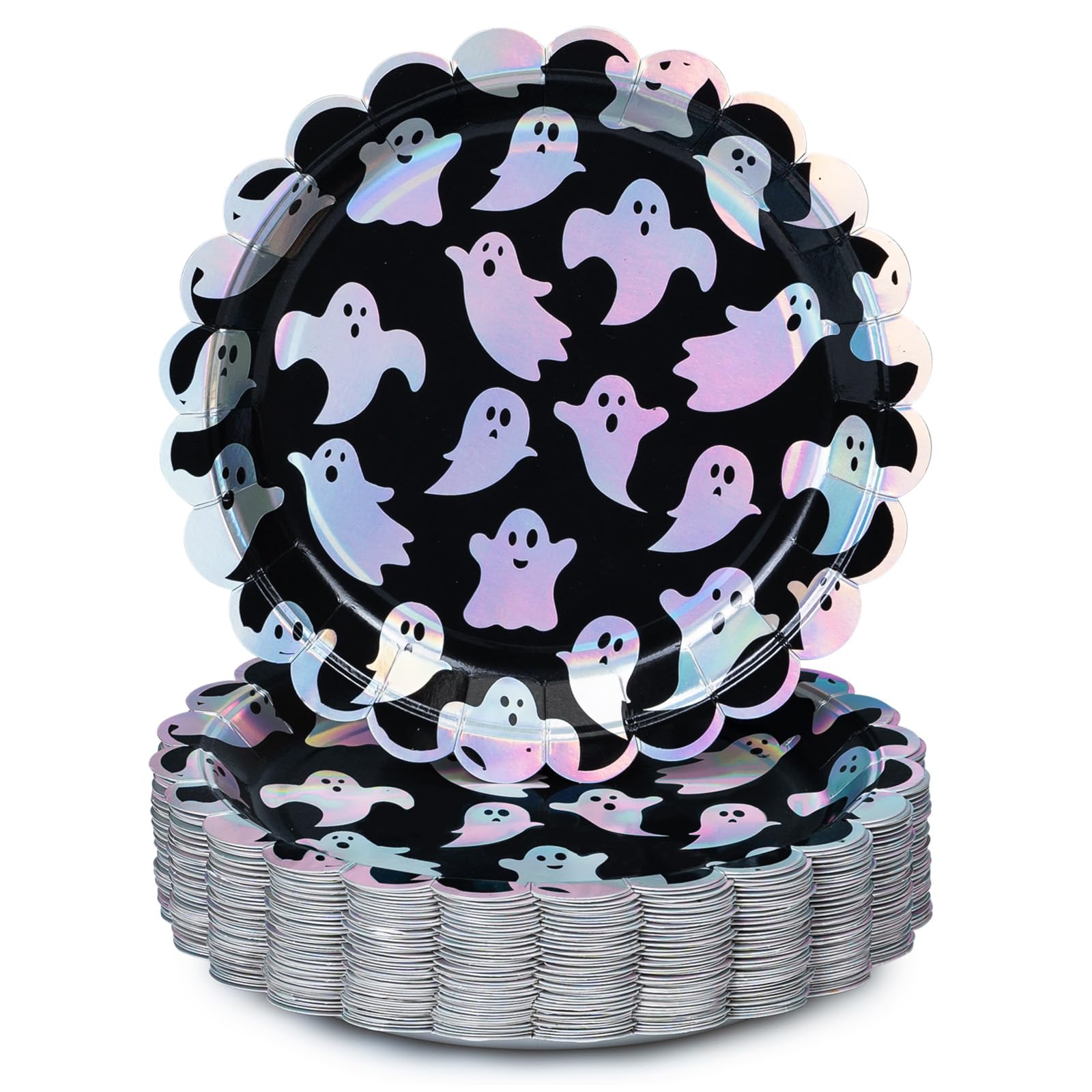 Halloween Paper Plates, 50-Count Disposable Halloween Dinner Plates, Scalloped, Party Supplies, Ghost Design, Iridescent Silver Foil