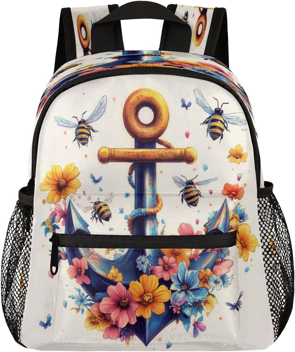 Toddler Backpack for Girls Boys,12 Inch Kids Backpack for Preschool Kindergarten Elementary,Lightweight Small Bookbag with Chest Strap for Daycare Travel,Rustic Anchor Floral Bee