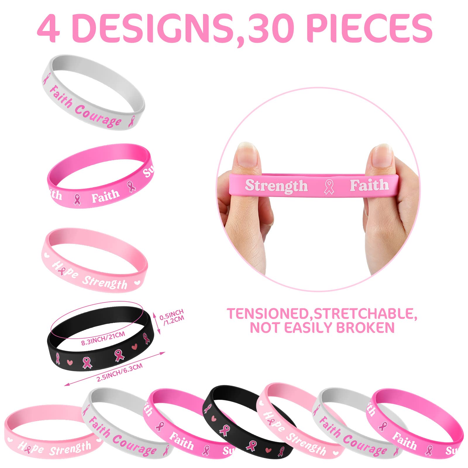 3 Paires De Bracelets De Sensibilisation - Cancer Du Sein - Rose, Noir, Blanc