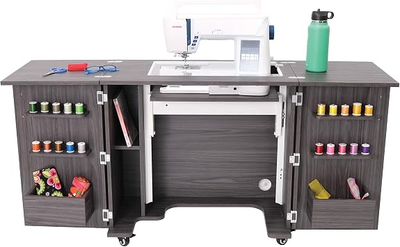 Kangaroo Bandicoot Sewing Cabinet with Lift Quilting & Sewing Machine Table with Expandable Work Surface & Storage, Gray