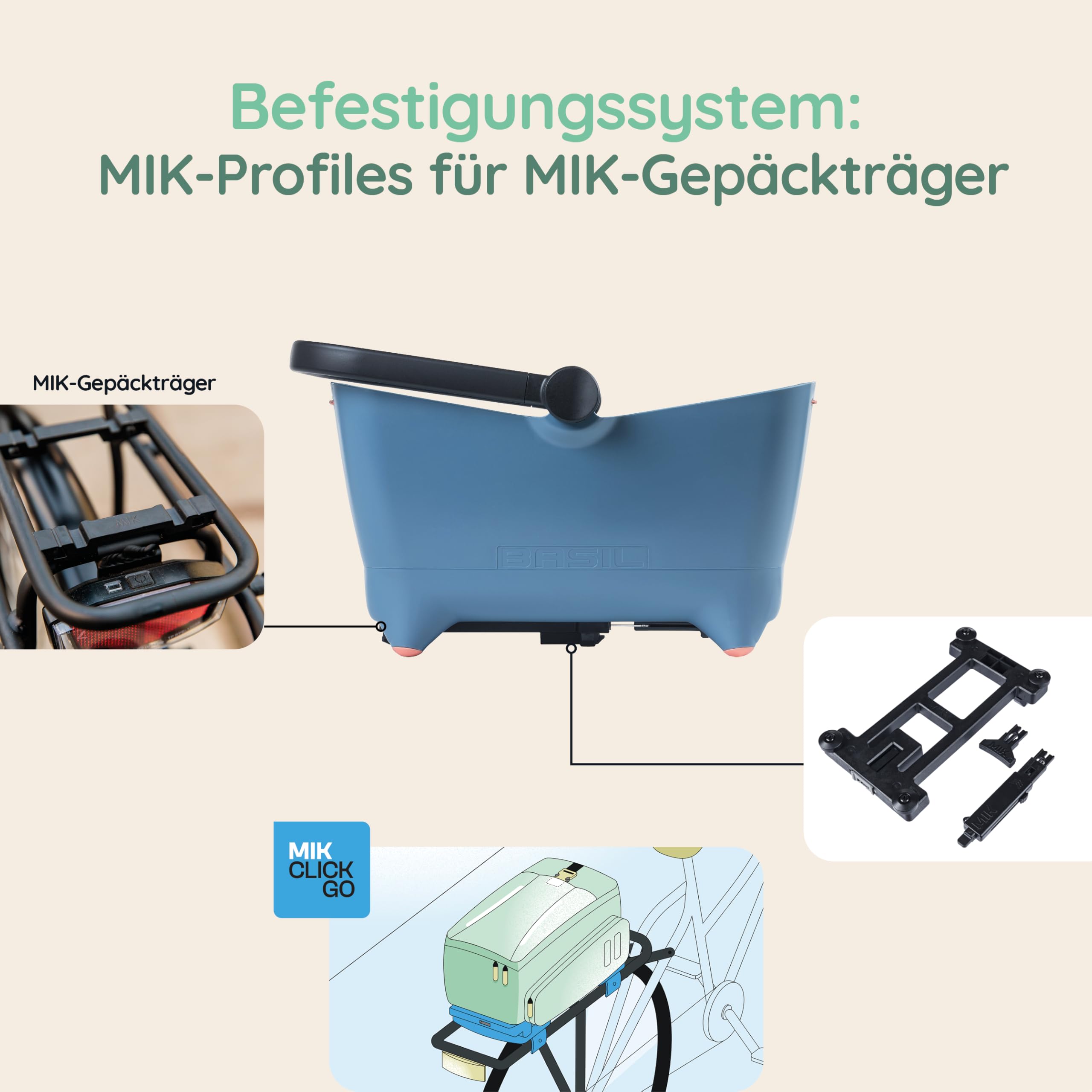 Basil Buddy MIK Panier de vélo pour Chien - 32 l, Bleu, Robuste, avec système MIK verrouillable et Plaque de Transport MIK, Parfait pour Le Transport sûr des Chiens