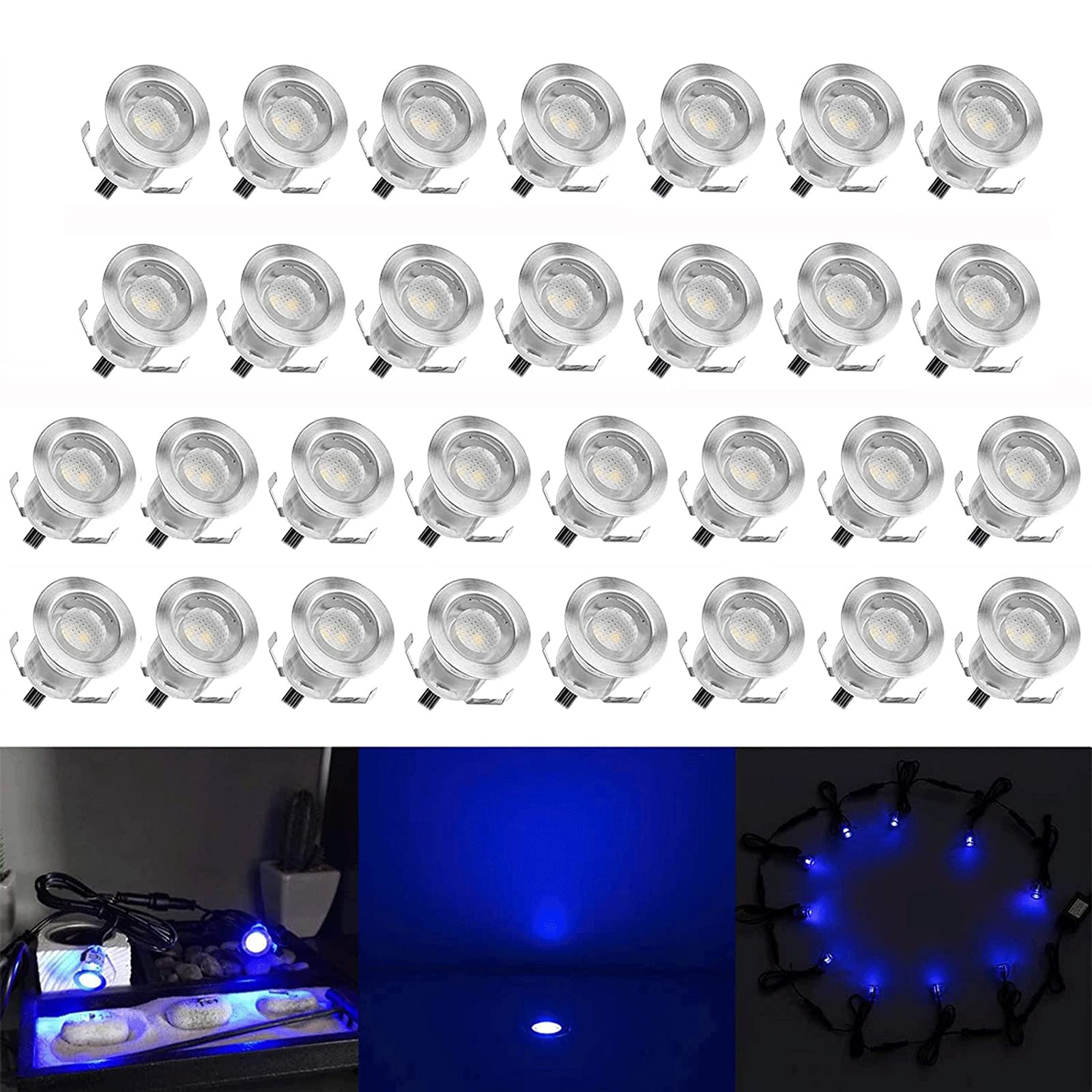 Low Voltage LED Deck Light Kit Stainless Steel Waterproof Recessed Wood Decking Stairs Garden Yard Patio Decor Lamp Outdoor LED Lighting (Blue, 30pcs) Blue 30pcs(Silver Border)