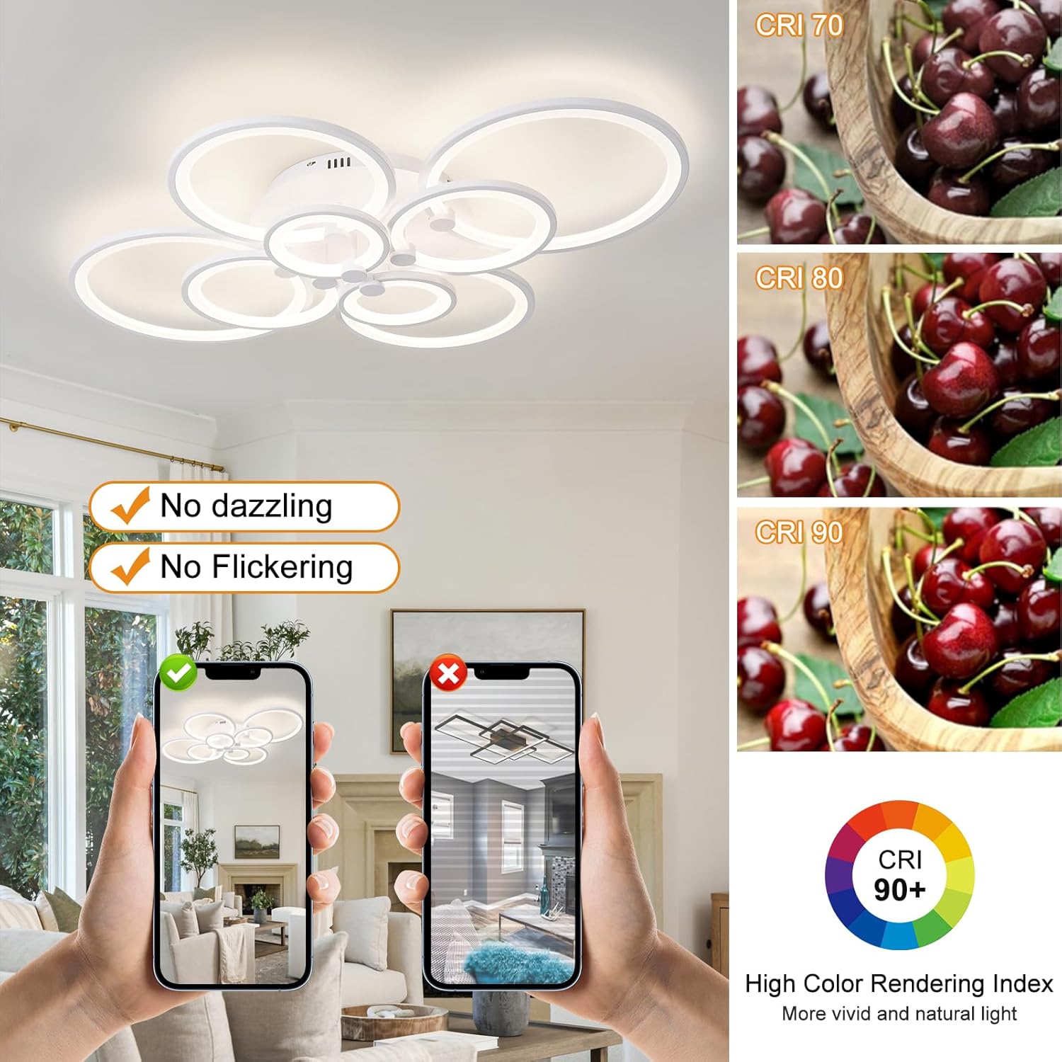 LED Ceiling Lights Dimmable Flush Mount Chandelier, 8-Ring Modern Acrylic LED Ceiling Lamp Fixture with Remote Control Indoor Low-Profile Lighting for Living Room, Dining Room, Bedroom Kitchen (White)