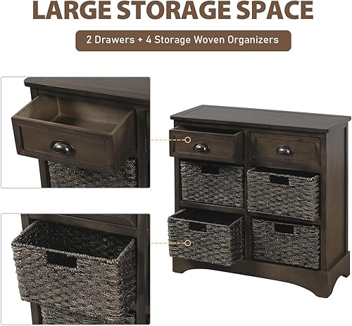 Miniatura 3 de Amposei Armario de almacenamiento de entrada de madera rústica de 28 pulgadas, mesa consola pequeña con cajones y cestas organizadoras tejidas de