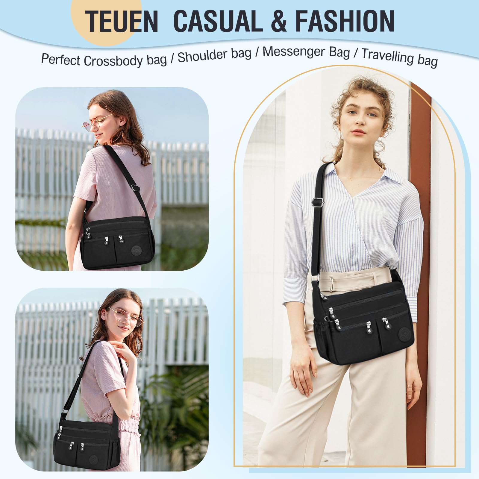 TEUEN Sac Bandoulière Femme Grande Capacité Sac à Main Bandoulière Imperméable en Nylon Messager avec Bandoulieres Réglable et Multi-Poches pour Voyage Université Usage Quotidien