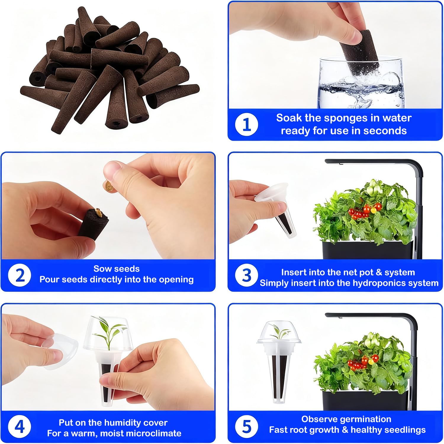 Spugne Di Ricambio Per Coltivazione, Spugne Idroponiche, Kit Idroponica, 30 Spugne Di Crescita, 30 Etichette, 15 Cestini, 15 Coperture, 2 Pinzette, Perfetto Per Giardini Interni e Sistemi Idroponici