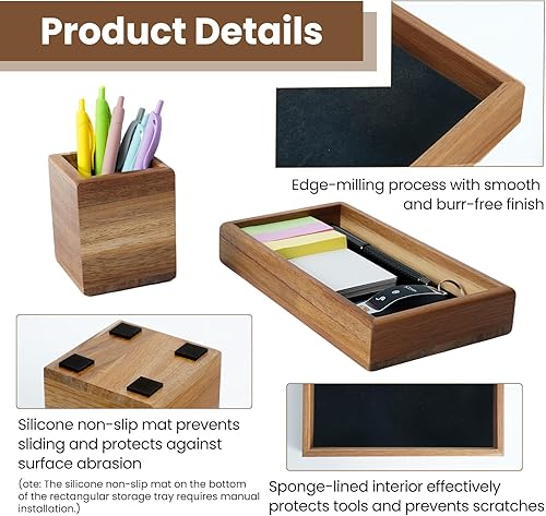 Miniatura 3 de Portalápices de madera con bandeja organizadora de cajones de escritorio, juego de soporte de silicona antideslizante para bolígrafos, accesorios de