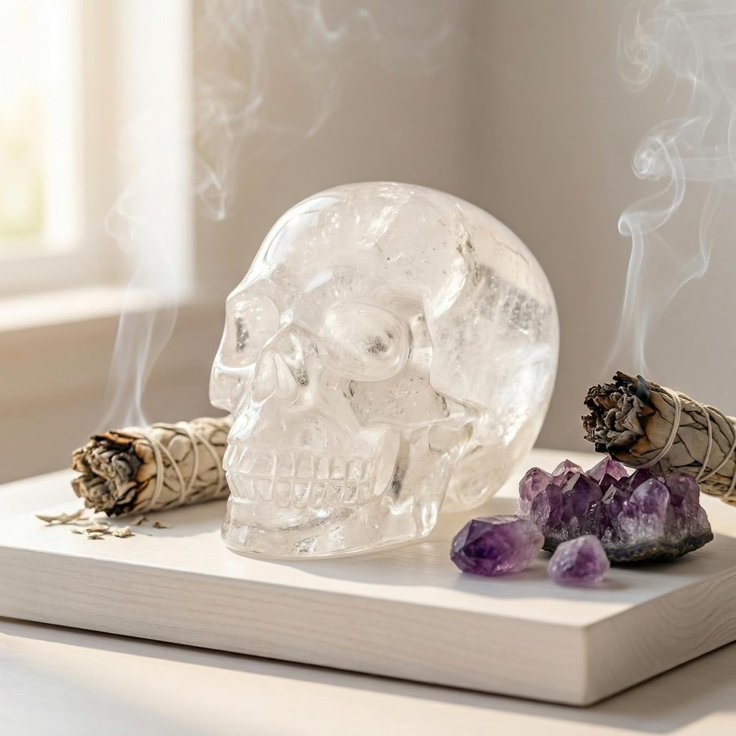 CrysalHola Large Natural Clear Quartz Crystal Carved Skull, 10-12cm Human Skull Statue, Spiritual Decor Home Office Decor, Detailed Hand Carved Gemstone