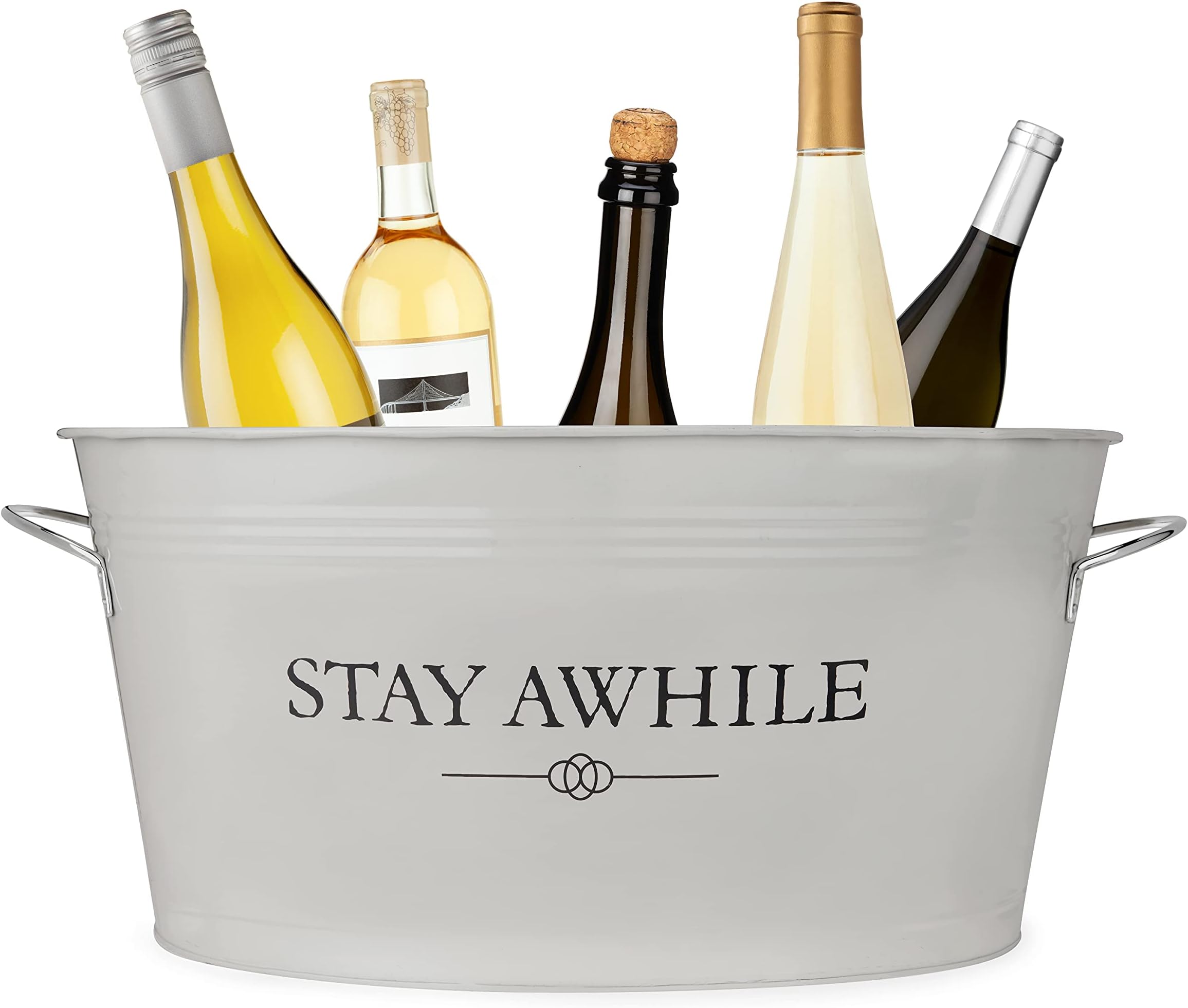Twine 7851 Stay Awhile White Painted Galvanized Bucket & Metal Beverage Ice Barrel Tub for Parties in 6.3-Gallon Capacity, Gray