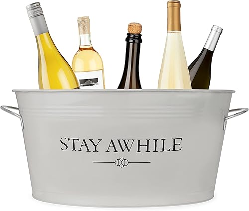 Twine Stay Awhile Cubo de hielo galvanizado pintado blanco y bañera de metal, bañera de hielo para bebidas para fiestas en capacidad de 6.3 galones