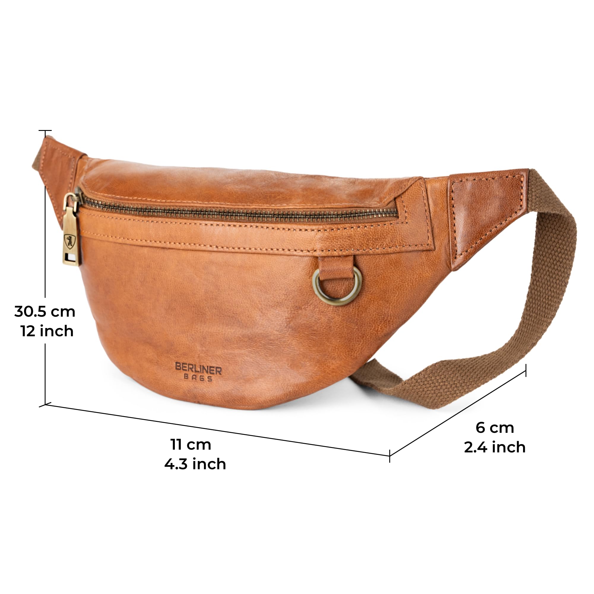 Berliner Bags Vintage Bauchtasche Turin, Gürteltasche aus Leder, mit verstellbarem Gurt und YKK Reißverschlüsse, Wasserabweisend für Herren - Braun