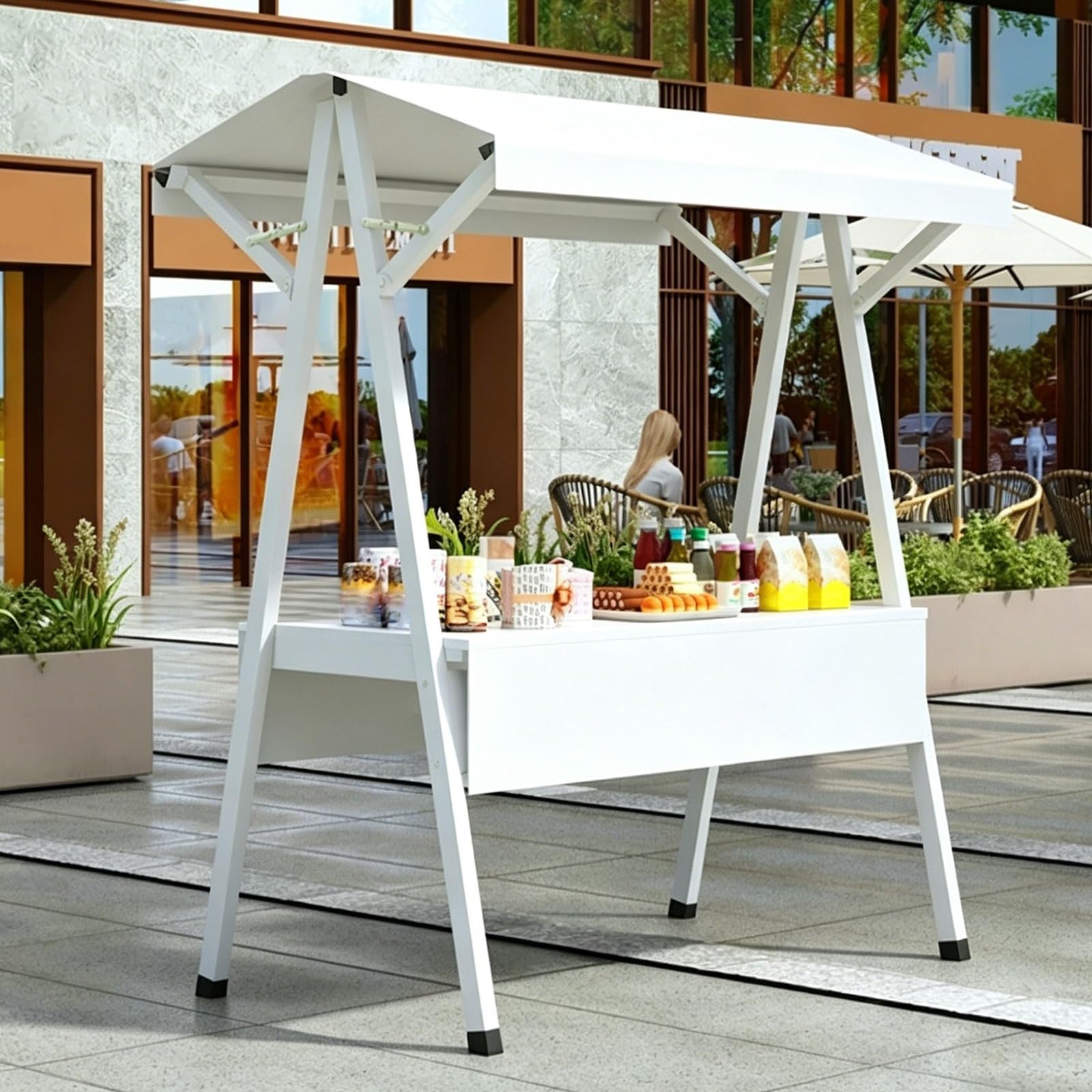 Farmers Market Stand Portable Vendor Cart with Canopy Outdoor Farm Stand for Roadside Display(White,160cm/63in)