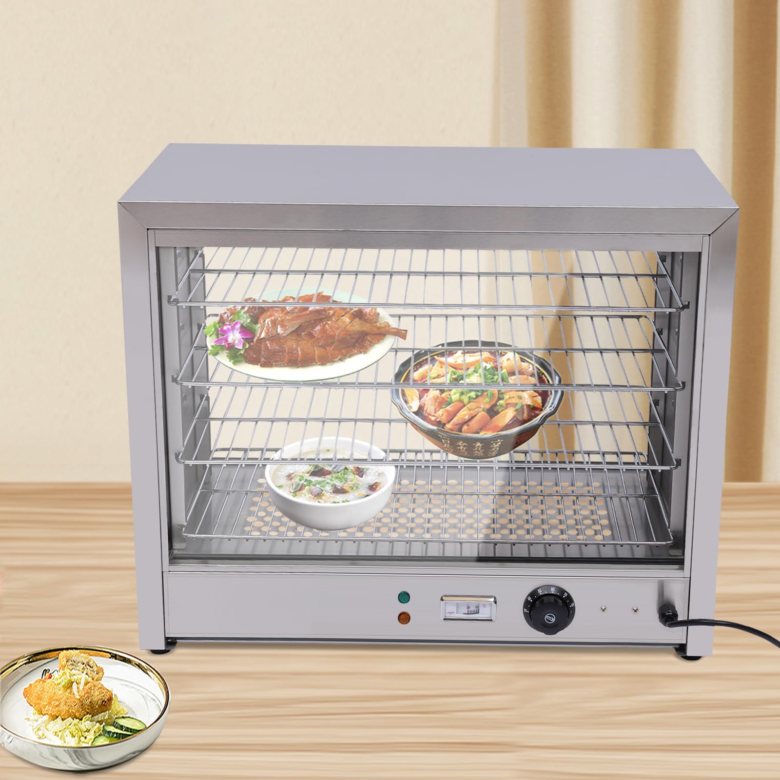 Vitrina para mantener el calor en el mostrador caliente, vitrina para comida, gasolinera Gastro, ideal para calentar pizzas, tartas, pollo asado, hamburguesas, hasta 85 °C, 220 V, 64 x 34 x 53 cm,