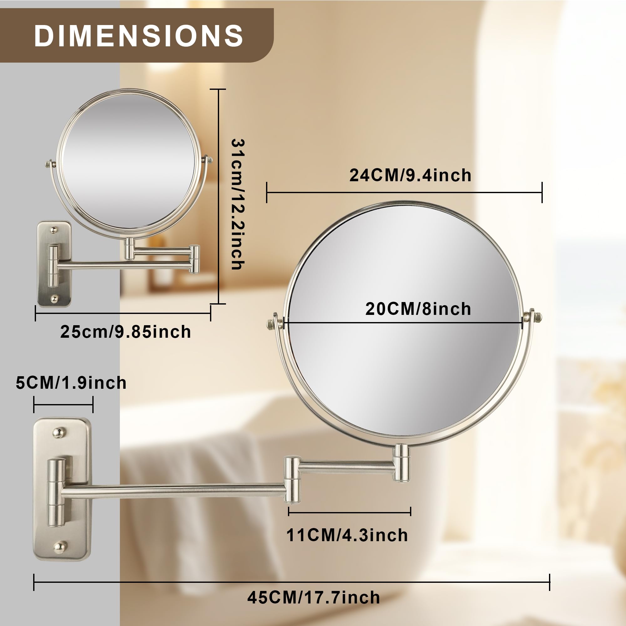 JANEEVA 8" Espejo de Maquillaje de Pared, 1X/10X Espejo de Aumento con 360° Brazo Extensible Espejo para Baño-Doble Cara Espejo de Tocador para Hombre y Mujer (Níquel Cepillado)