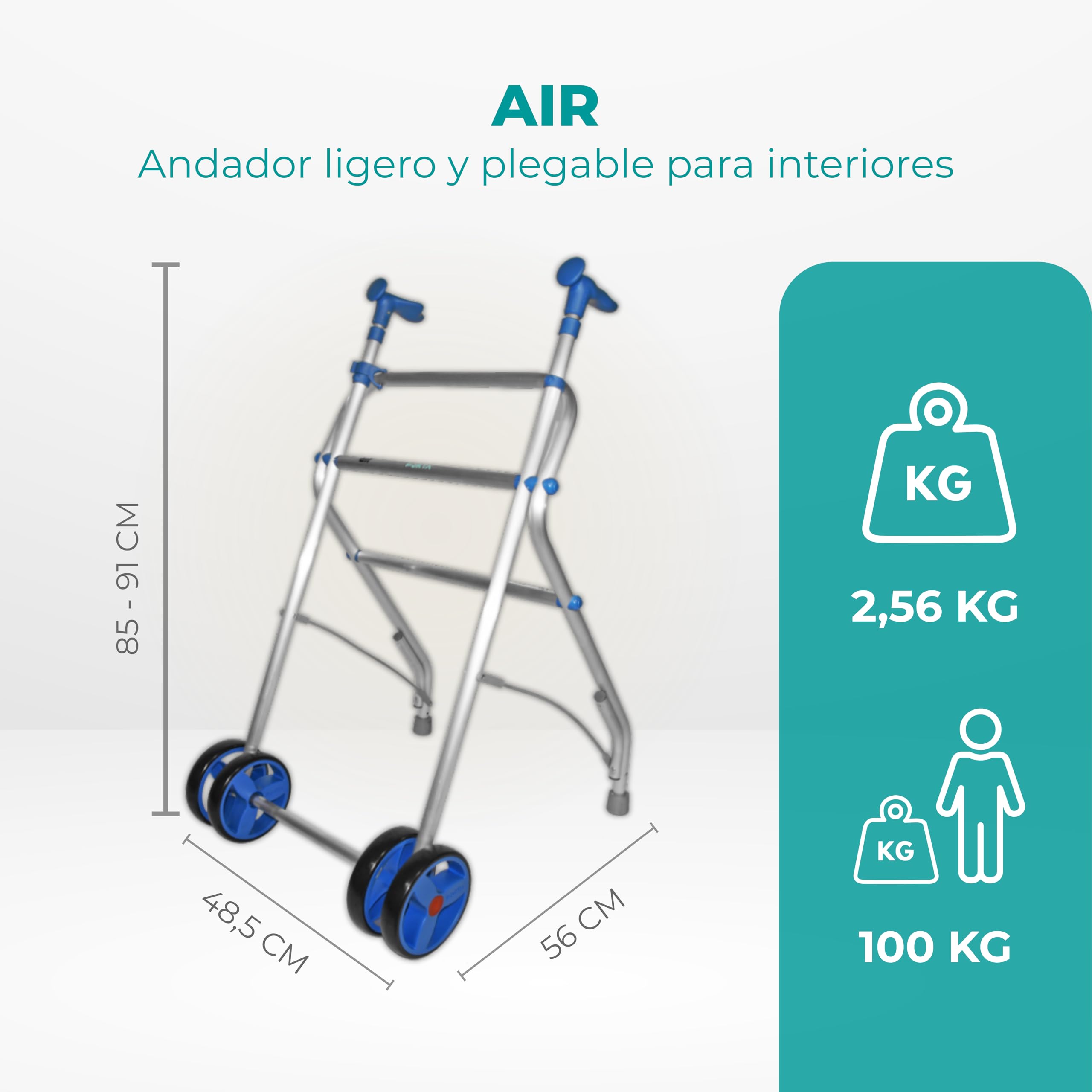 Forta AIR - Andador para Personas Mayores - Andador Plegable y Ligero soporta hasta 100 kg - Regulable en Altura - Andador de Fácil Plegado para Interior - Ruedas Dobles Delanteras (Azul)