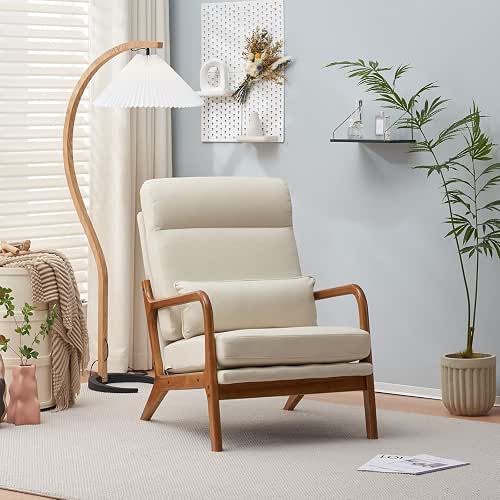Bonnlo High Back Linen Beige Mid Century Modern Accent Chair,