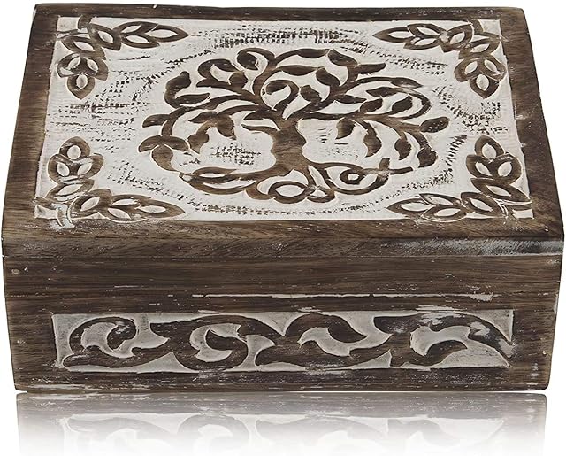 Great Birthday Gift Handmade Decorative Wooden Jewelry Box Tree Of Life Carving Jewelry Organizer Keepsake Box Treasure Chest Trinket Holder Watch Box Storage Lock Box Housewarming Gift (White)