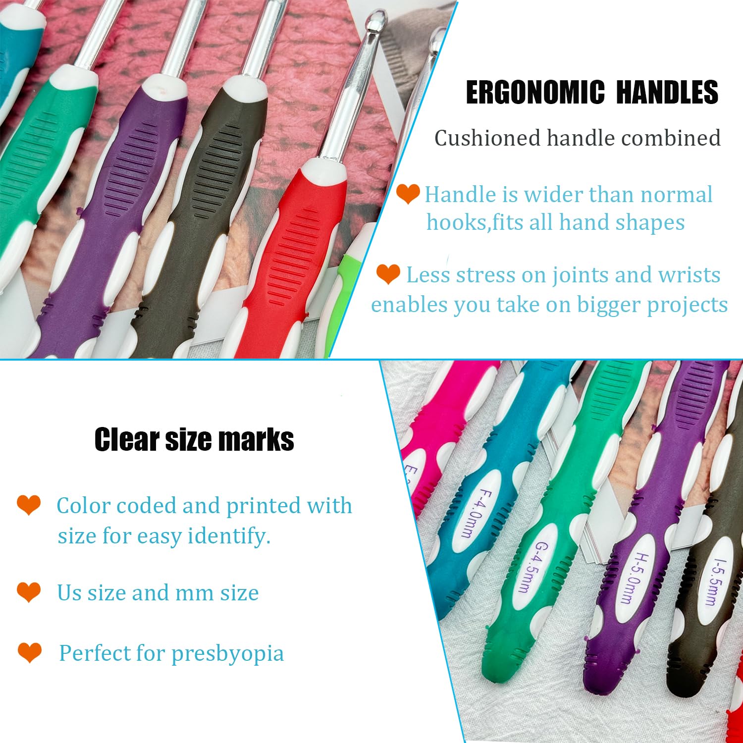 Juego de ganchos de ganchillo de 13 tamaños, juego de ganchos ergonómicos de ganchillo de 2 mm a 10 mm con funda, extralargos para manos ártricas, agujas de ganchillo de agarre suave para