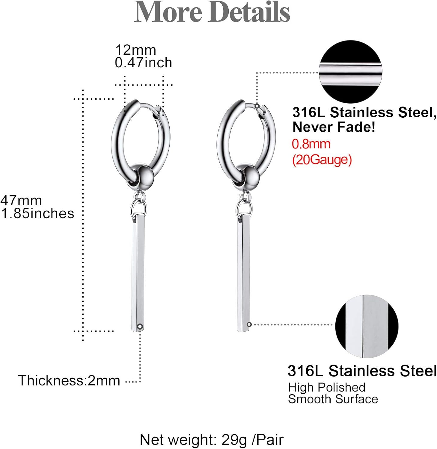 FOCALOOK Long Vertical Bar Dangle Earrings for Women Hypoallergenic 14K Gold Plated/Black/Silver Circle Hoop Bar Drop Earrings (With Gift Box) - Image 5