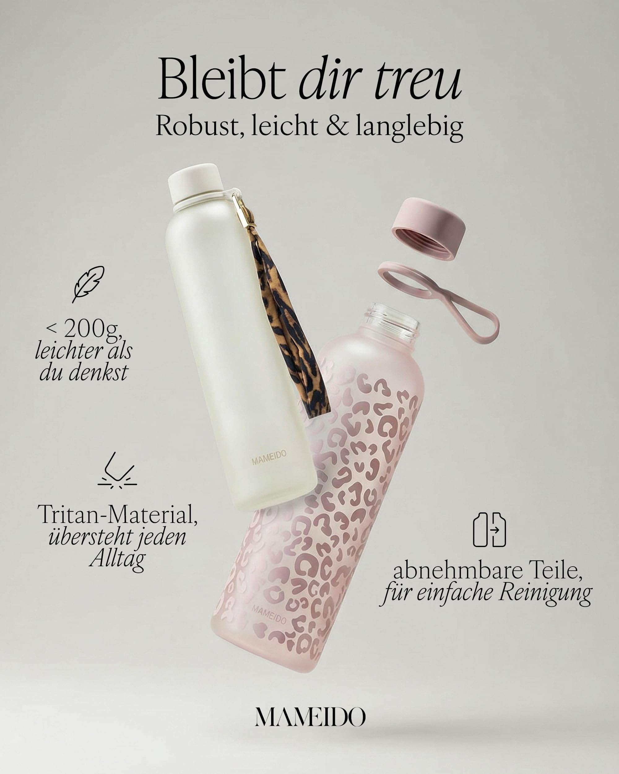 MAMEIDO Trinkflasche mit Zeitmarkierung 1 l (Urban Taupe Gold) | mit abnehmbarer Trageschlaufe, auslaufsicher & Kohlensäure geeignet, BPA-frei, ideal für Sport, Gym & Büro