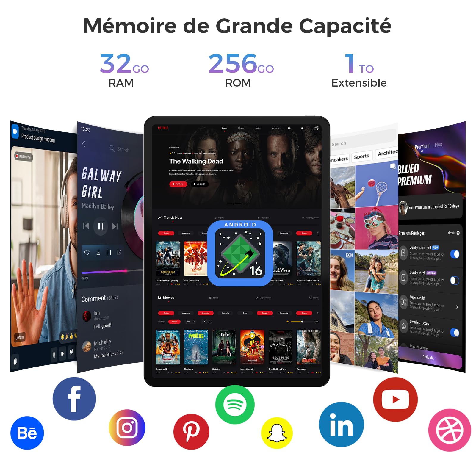 Tablette 12.2 Pouces Android 16 Tablette, 32Go RAM+256Go ROM, Octa-Core T7300, 2400 * 1600 IPS, 10000 mAh Tablette Tactile 5MP+16MP/Widevine L1/Gemini AI/Étanchéité IP54