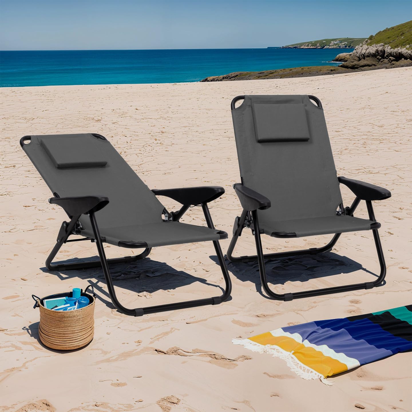 IDMarket – Juego de 2 sillas de playa plegables – Sillones de jardín reclinables mochila gris antracita y lona gris