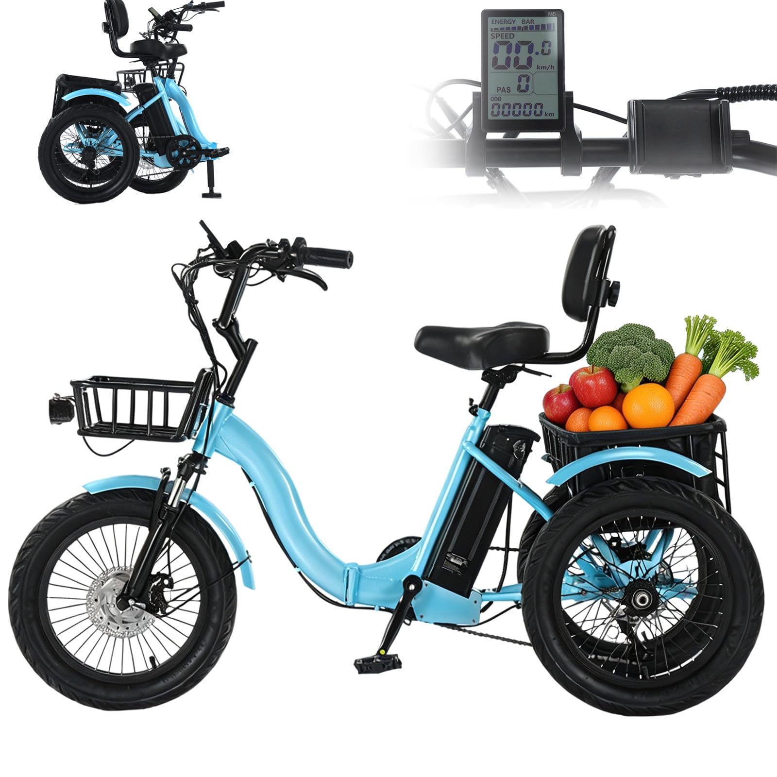 BuilfutenM Tricycle Electric Bike Adult Fat Tyre for Adults Bike Pedal Bike with Basket Easy Climbing Load Capacitay Fat Tire for Adults,Comfortable Rides 18Inch-Blue