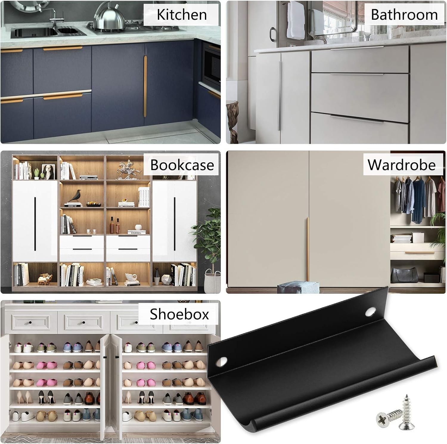 Black Back Mount Finger Edge Pull 80mm/3.15", Aluminum Hidden Handle Concealed Tab Pulls for Home Kitchen Living Room Door Drawer Cabinet (8Pcs)